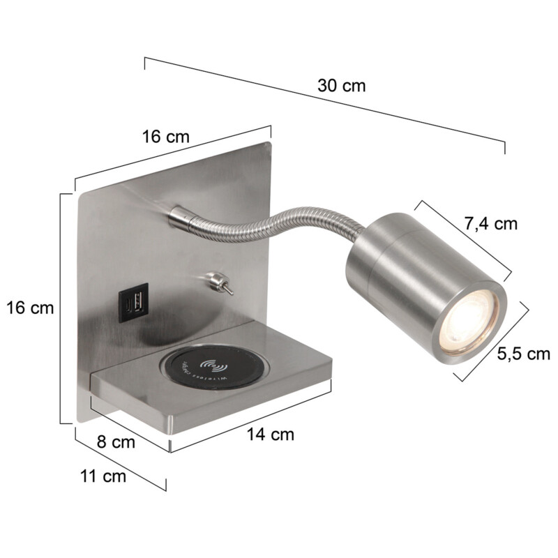 Aplique de pared gris con soporte y cargador para móvil Mexlite Upround acero - Imagen 6