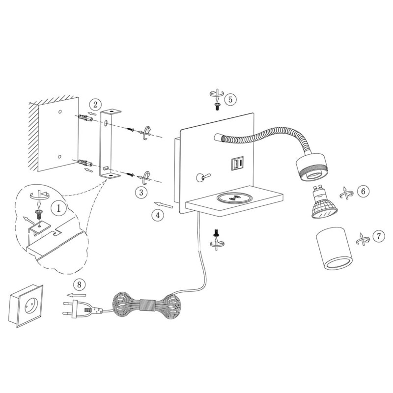 Aplique de pared gris con soporte y cargador para móvil Mexlite Upround acero - Imagen 8