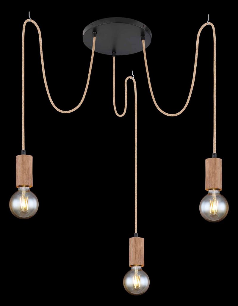 Lámpara colgante de 3 luces natural/negra madera/cuerda de cáñamo Globo Frida - Imagen 3