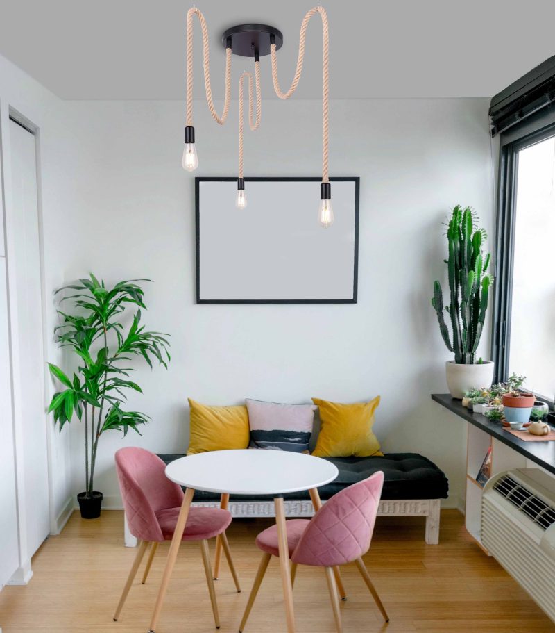 Lámpara colgante de 3 luces negro/natural con cuerda de cáñamo Globo Ulleu - Imagen 4