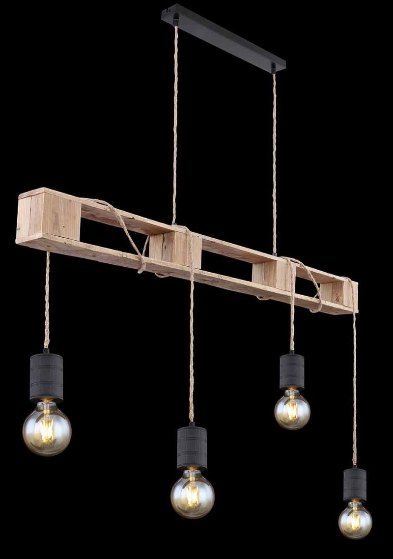 Lámpara colgante de 4 luces natural/negra de madera/metal Globo Joelle - Imagen 4
