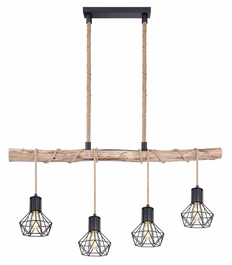 Lámpara colgante negra de madera/cáñamo con 4 pantallas de diamante Globo Priska - Imagen 2