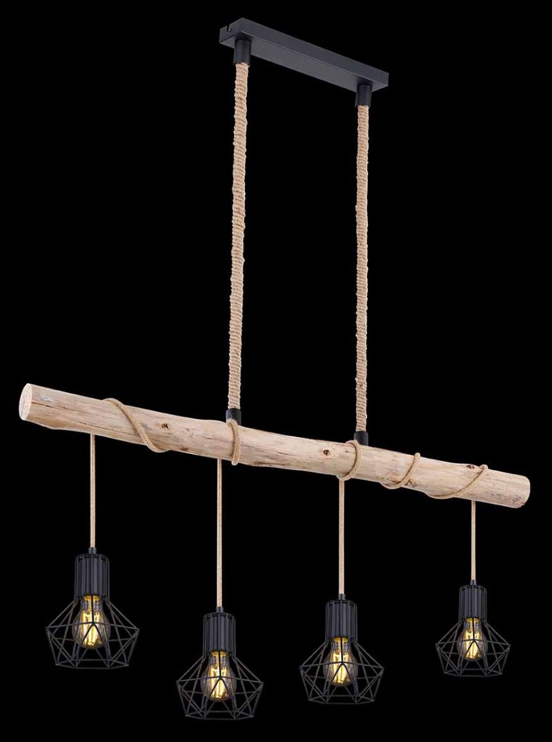 Lámpara colgante negra de madera/cáñamo con 4 pantallas de diamante Globo Priska - Imagen 4