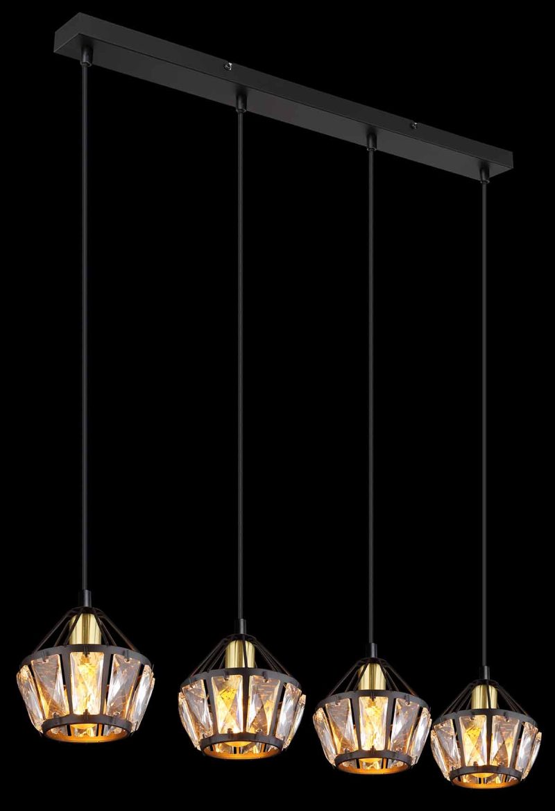 Lámpara colgante negra/latón con 4 capuchas de cristal en forma de diamante Globo Lois - Imagen 4