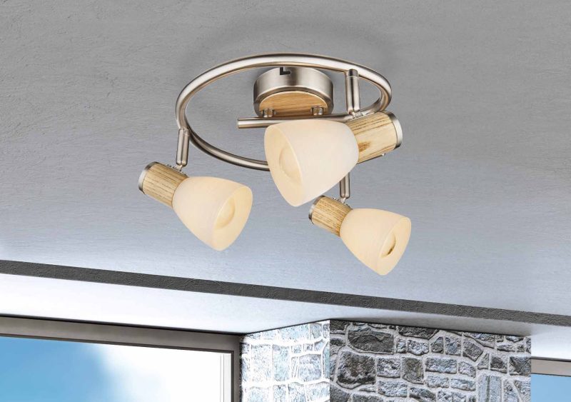 Spot redondo níquel de 3 luces vidrio opalino/madera Globo Gylfi - Imagen 2