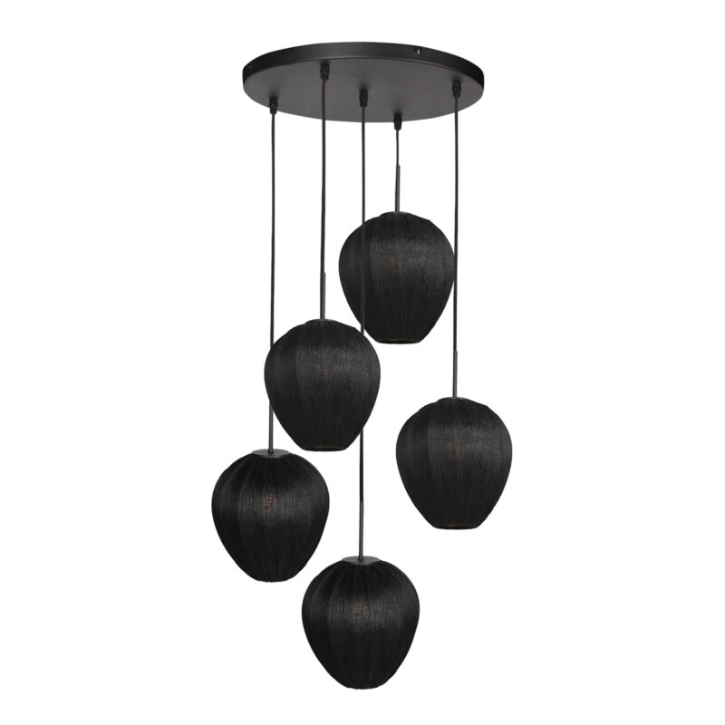 Lámpara colgante negra de 5 luces para hueco de escalera con pantallas de lino Mexlite HaloSwap - Imagen 2