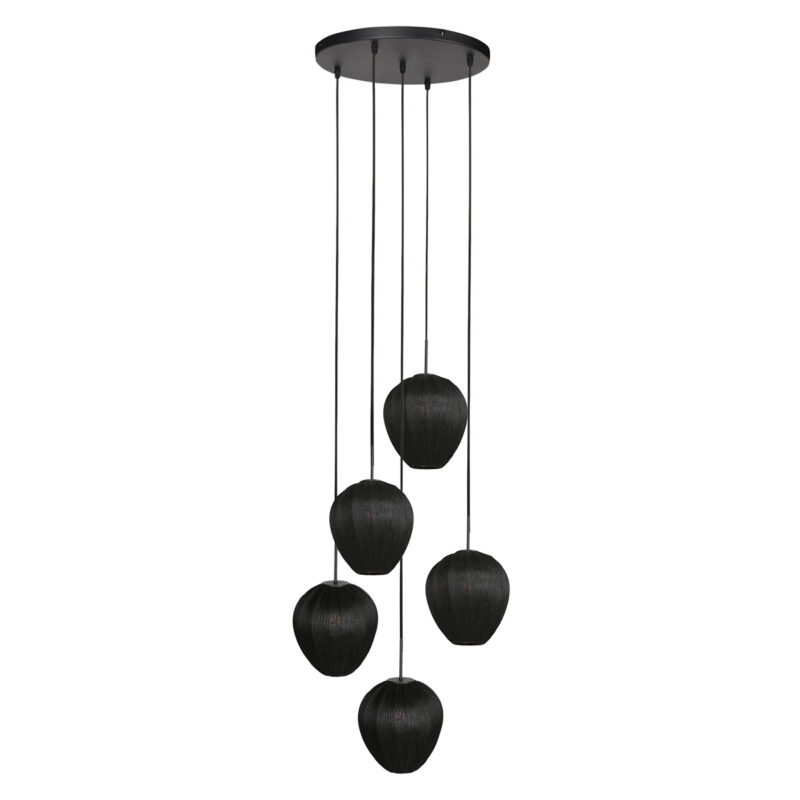 Lámpara colgante negra de 5 luces para hueco de escalera con pantallas de lino Mexlite HaloSwap
